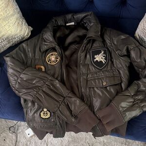 Dark Brown Bomber Jacket with Patches